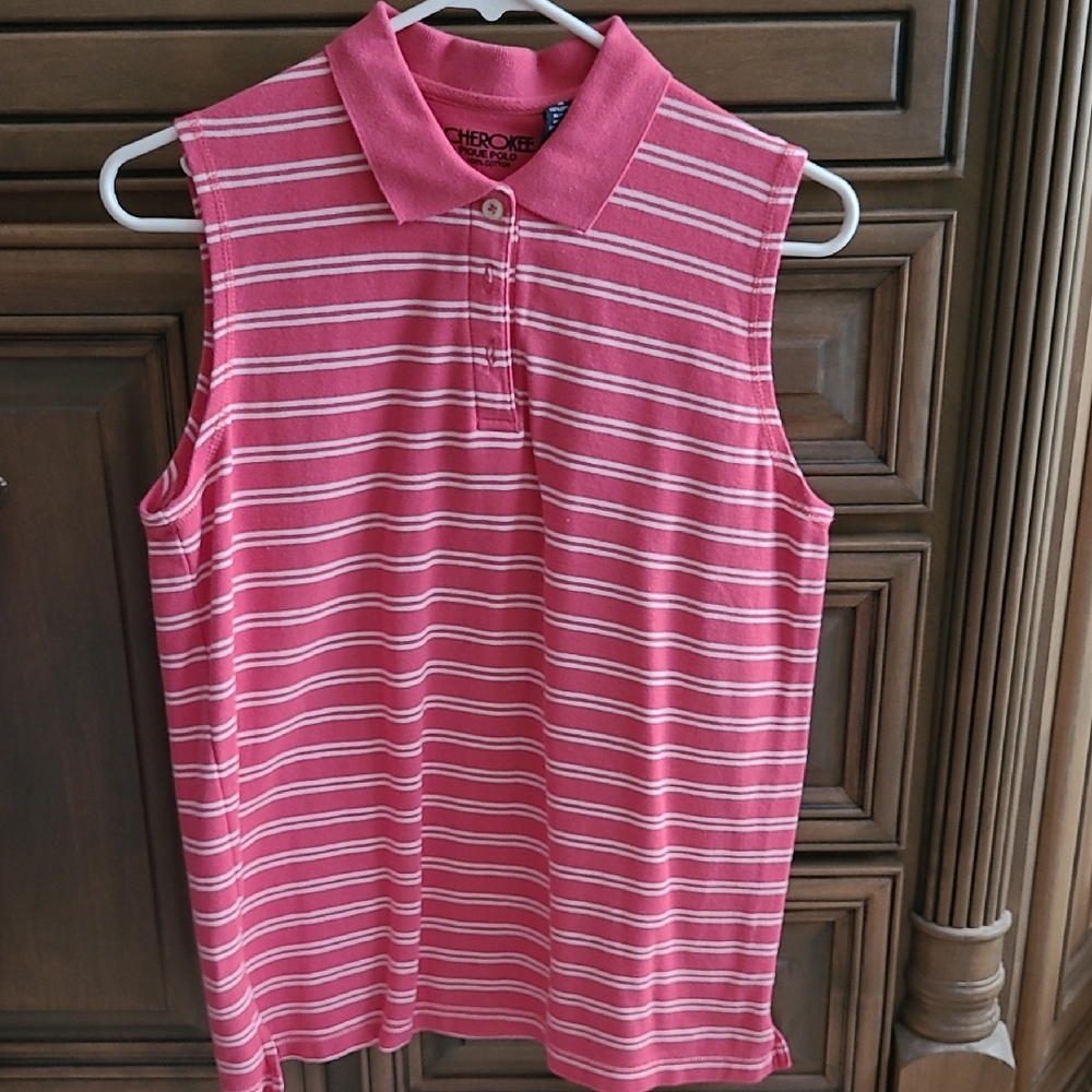 Cherokee Pink and White Sleeveless Polo Shirt